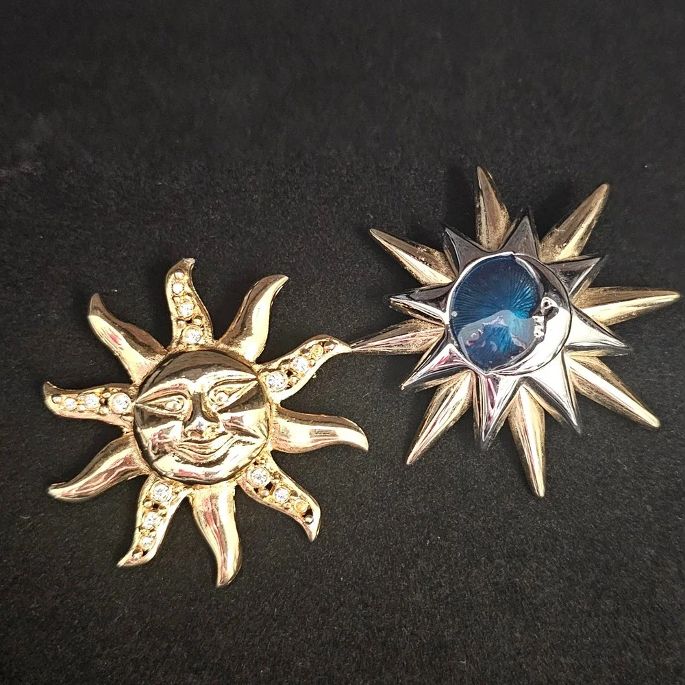 Celestial Sun & Moon Brooch Pin 2pc Gold Silver Tone Blue Enamel Rhinestone